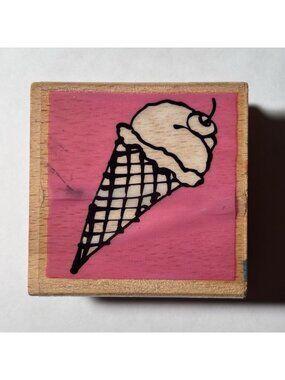 Vap Scrap Wood Mounted Rubber Stamp Ice Cream Scoop Waffle Cone Cherry on Top